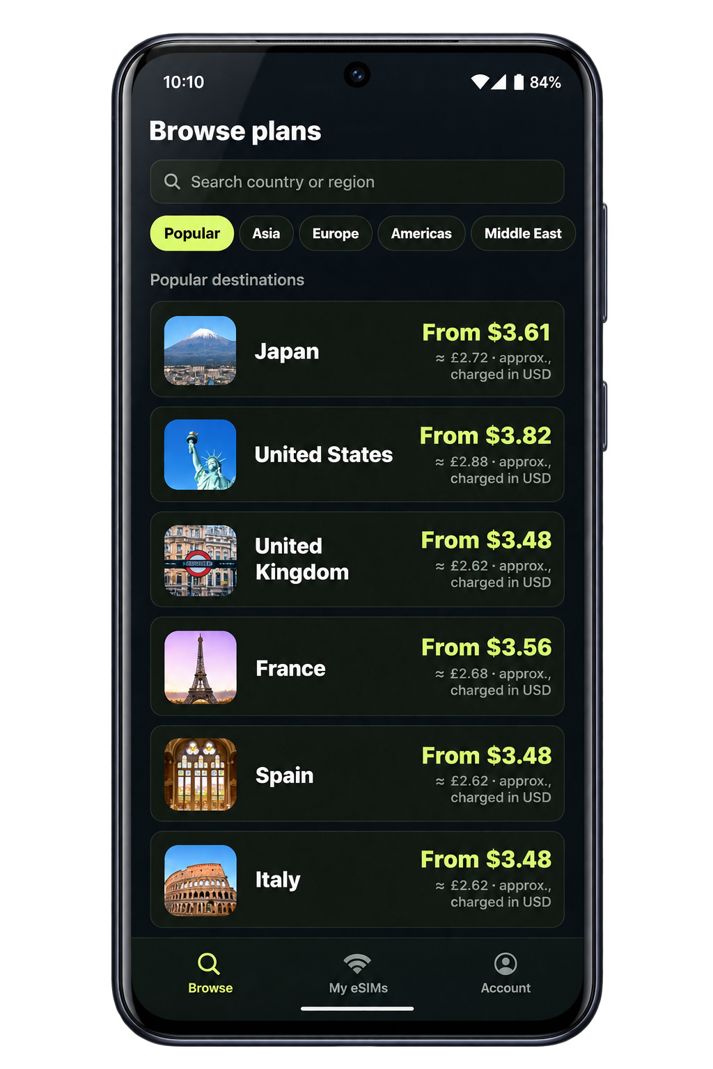 Android-style browse plans screen mockup for eSIM Ventures