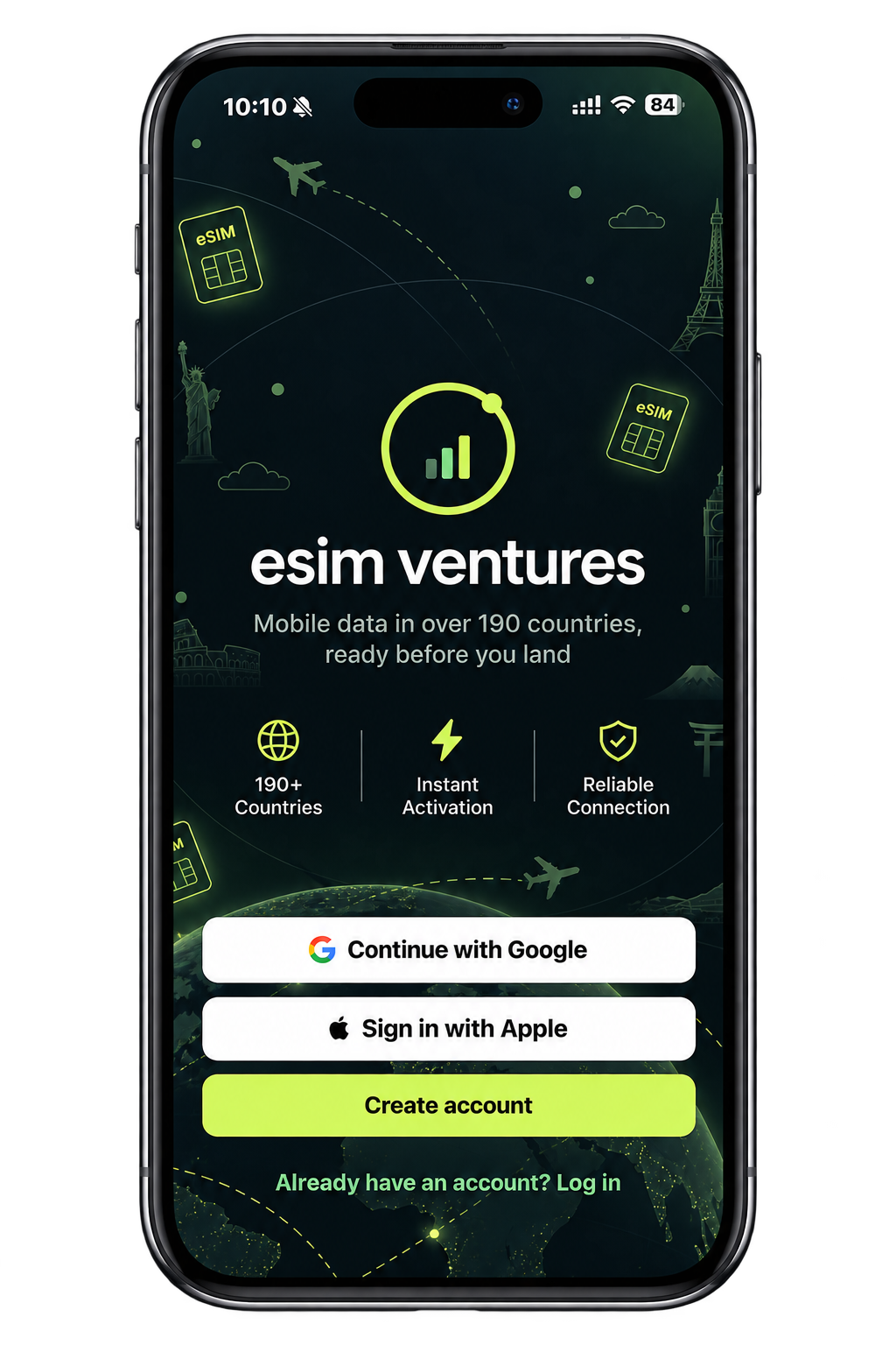 eSIM Ventures iPhone welcome screen mockup